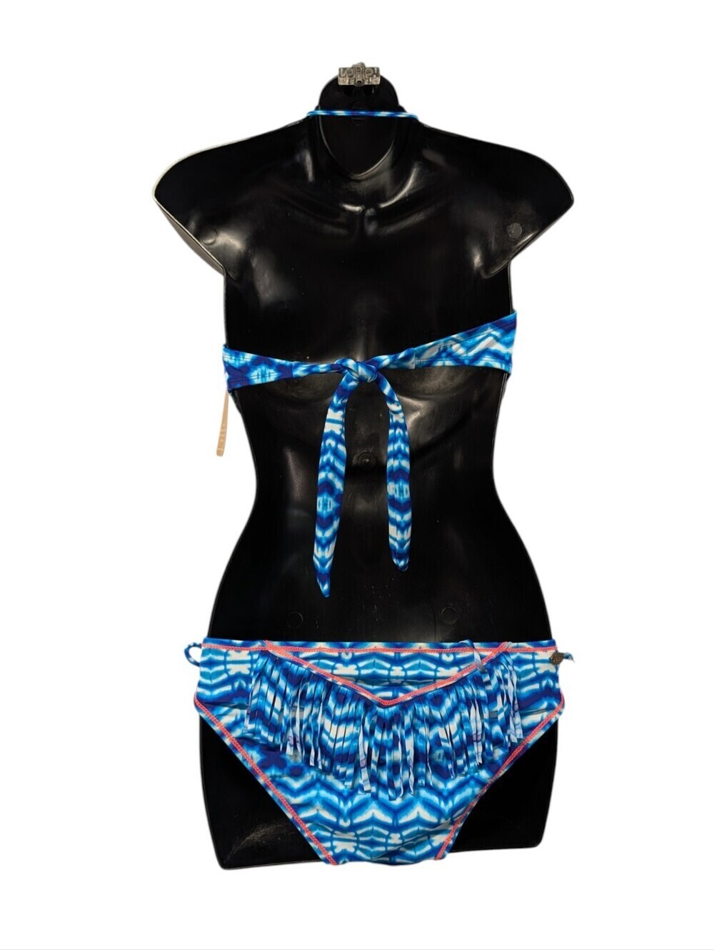 Hobie Blue Fringe Halter Bikini Swimsuit Size M NWT Tropical Wave Print Tie Side - Picture 2 of 8
